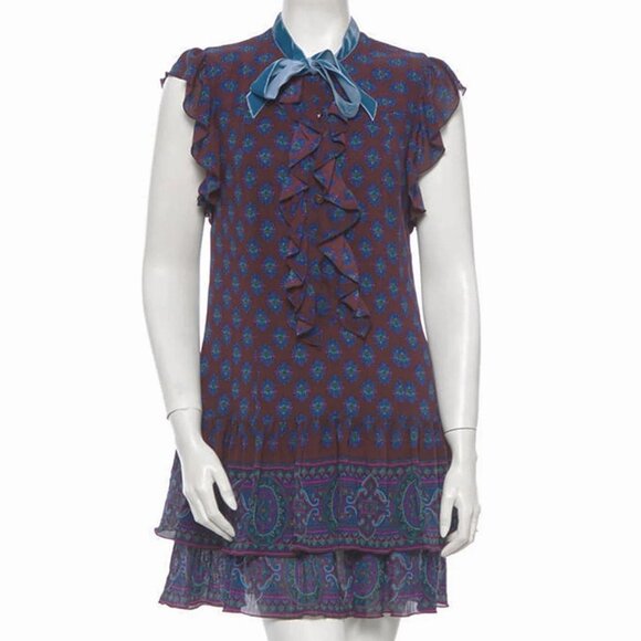 ANNA SUI FW09 Medallion Print Ruffle Tier Silk Blend Mini Dress Velvet Trim 6 - Picture 1 of 7